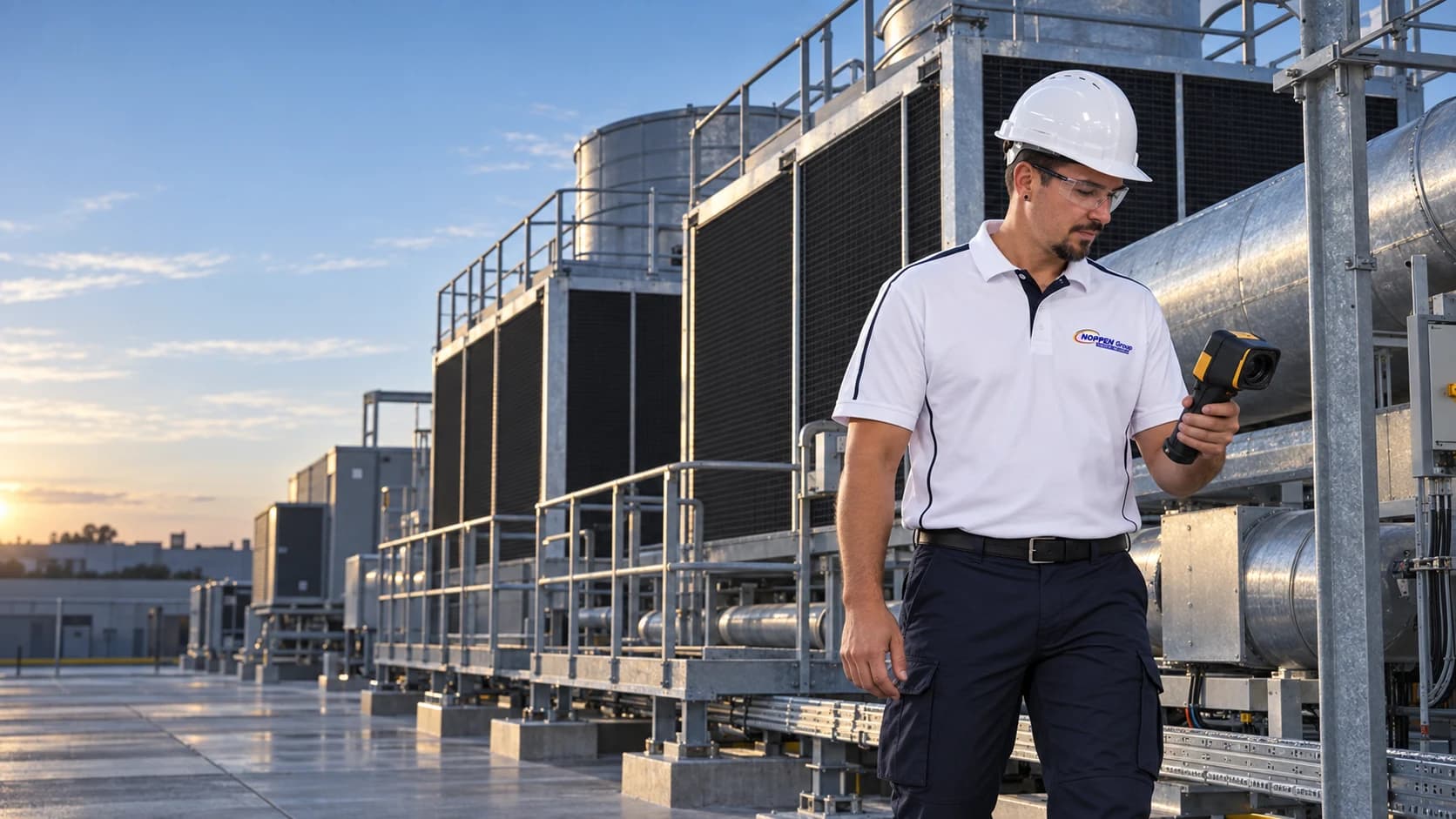 Noppen technician inspecting cooling equipment with a thermal camera on a commercial rooftop