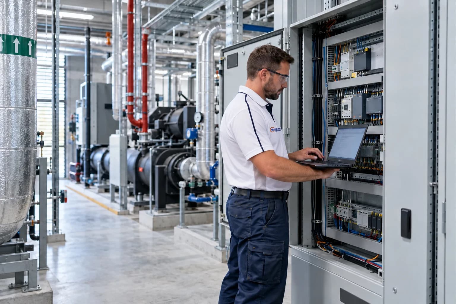 Building automation technician configuring a BMS control panel in a commercial plant room