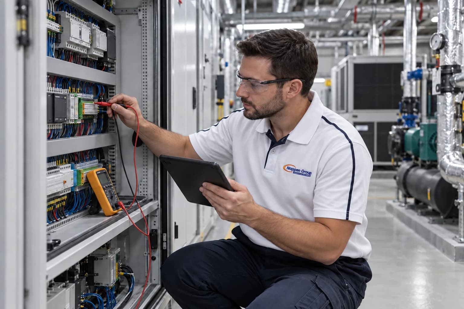 Controls technician diagnosing a fault in a commercial building automation cabinet