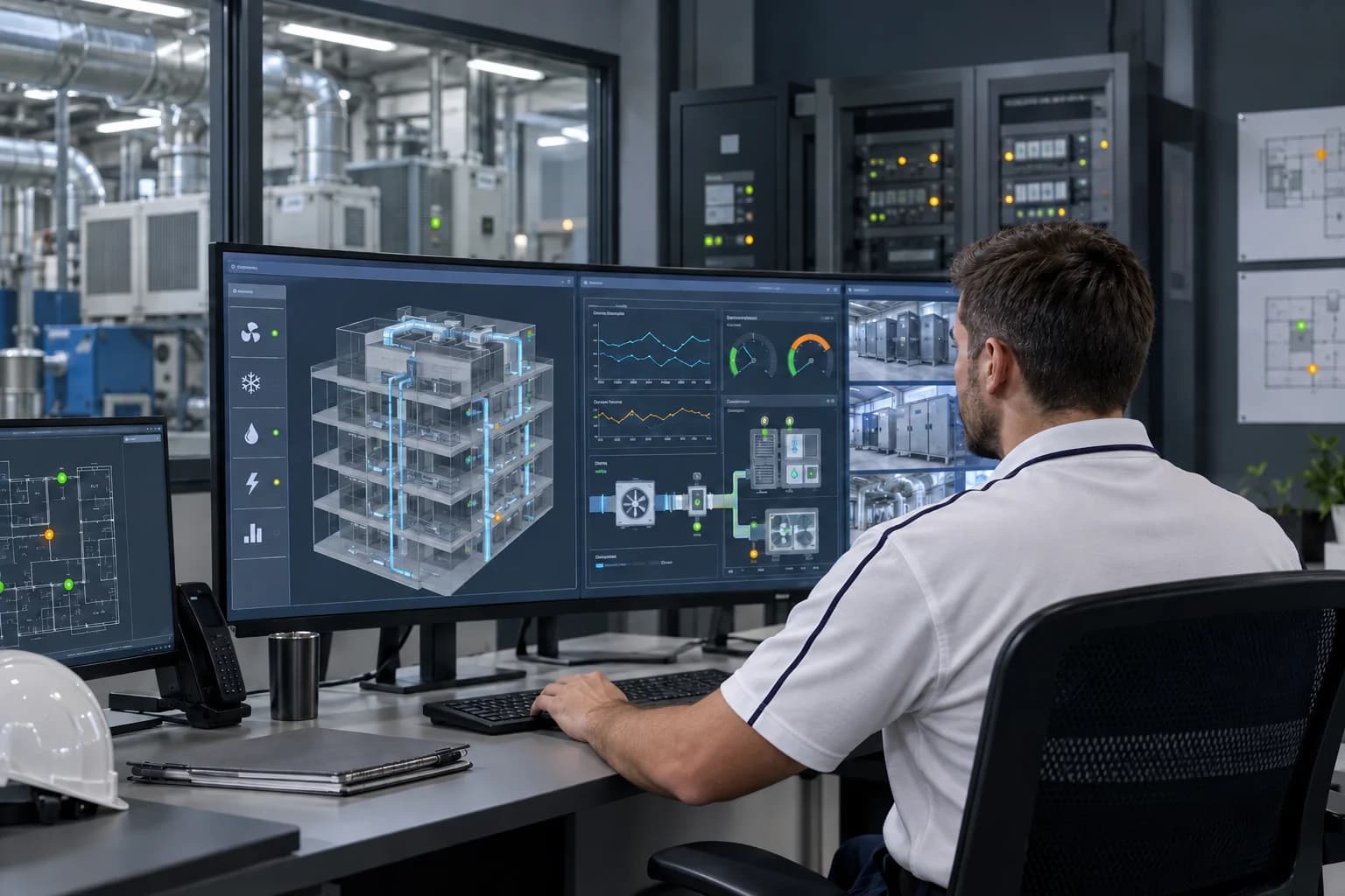 Facilities technician reviewing building-system status and trends at a BMS workstation