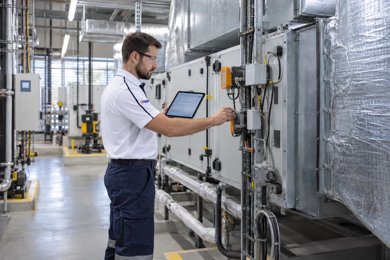 Building controls engineer reviewing HVAC trends while adjusting installed equipment