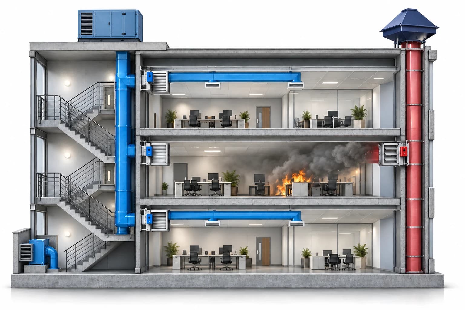 Illustrative three-storey building cutaway: a dedicated ground-level fan supplies the enclosed stairwell on the left; a separate roof-mounted air-handling unit supplies office ducts; the middle fire-floor supply damper is closed and its smoke-exhaust damper is open to the red riser and rooftop exhaust fan.