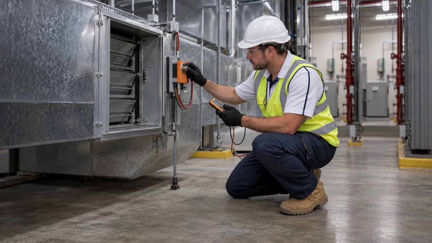 Technician testing a mechanical fire and smoke damper actuator