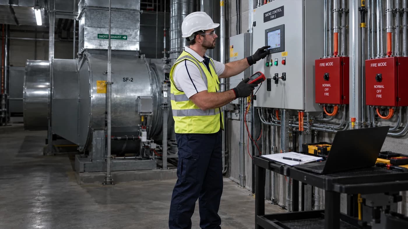 Technician carrying out functional testing on smoke-control equipment