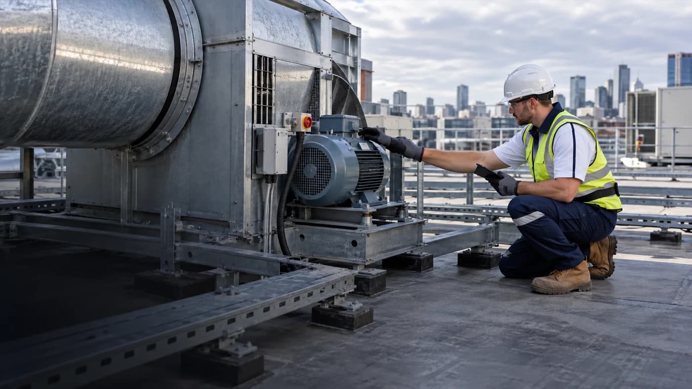 Technician inspecting commercial smoke-exhaust fan equipment