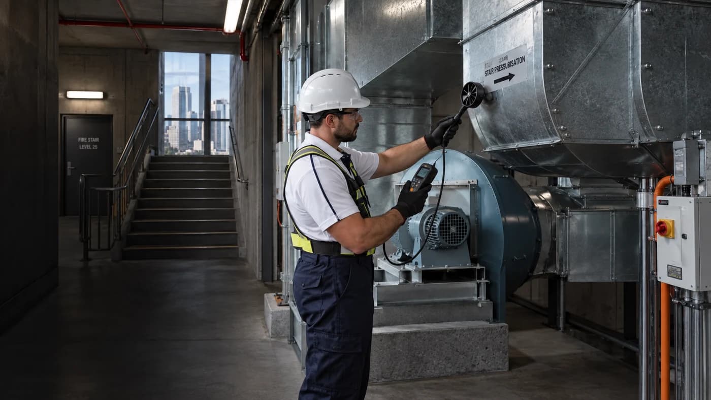 Technician testing airflow in a stairwell pressurisation system
