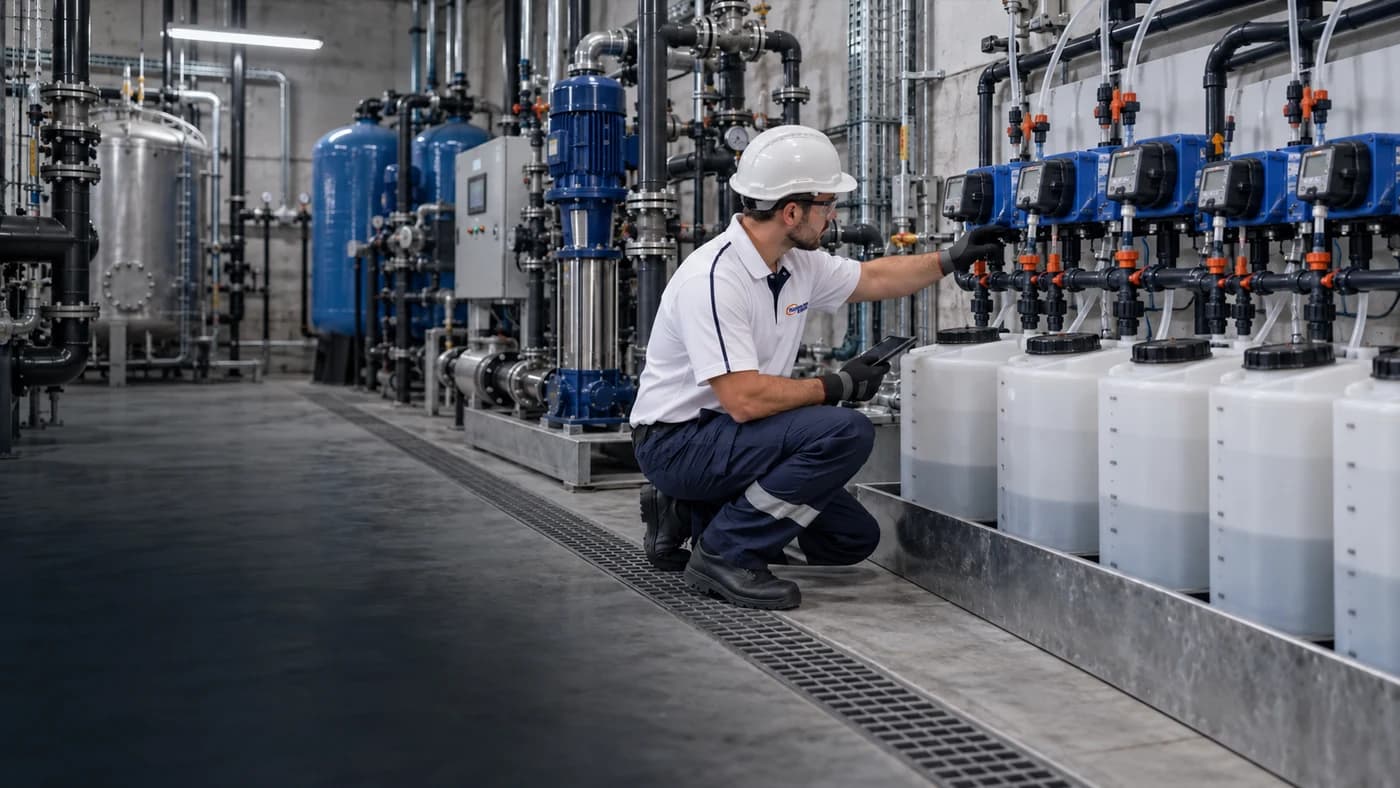 Technician inspecting commercial building-water treatment equipment