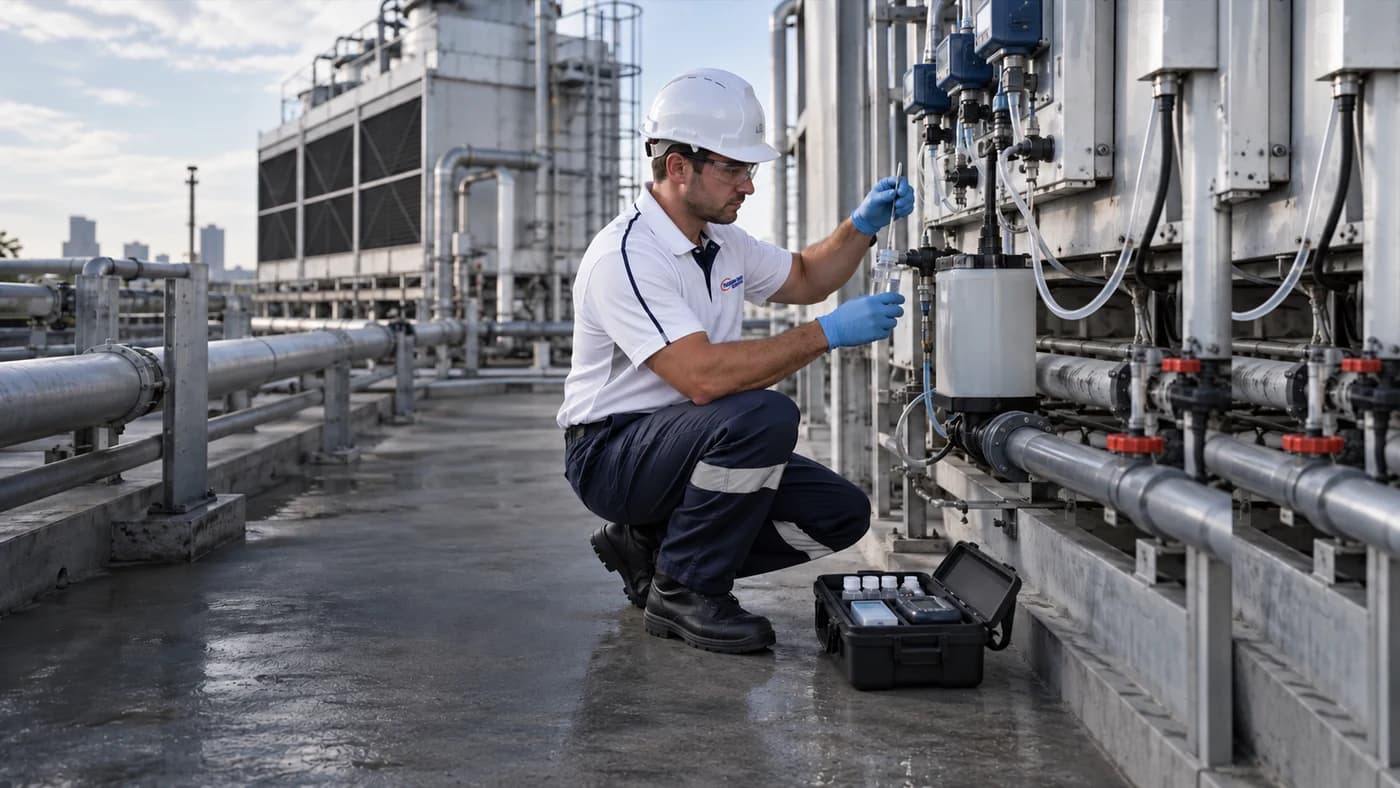 Technician sampling water at a commercial cooling-tower treatment system