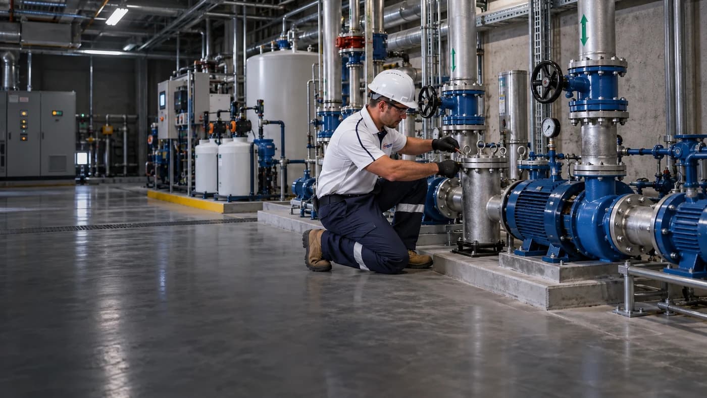 Technician maintaining commercial water-system pumps and treatment plant