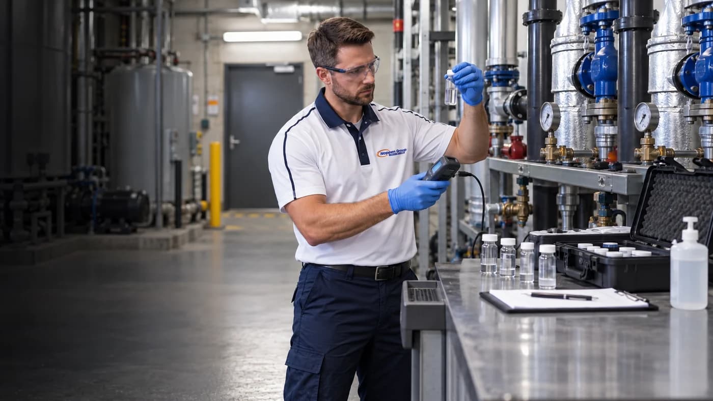 Technician testing a commercial building-water sample
