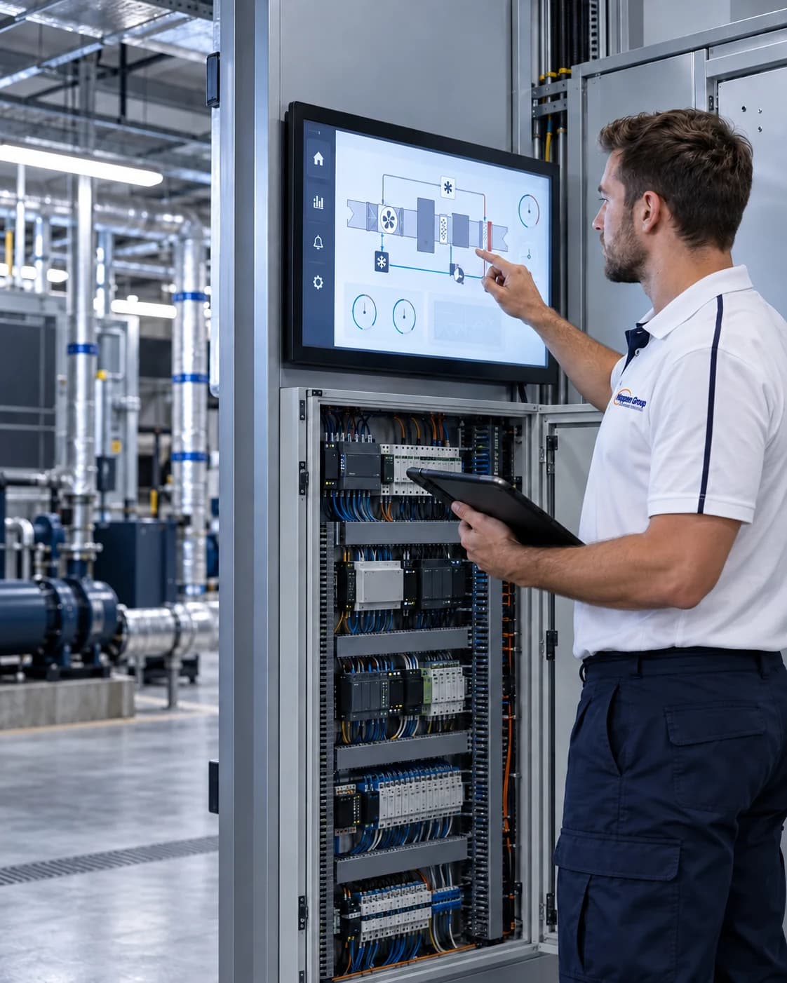Technician operating a commercial building management system