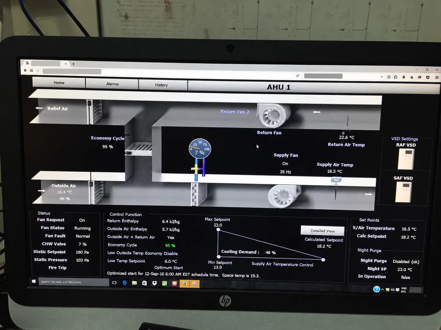 Edited on-site BMS monitor photograph showing an air-handling unit control schematic