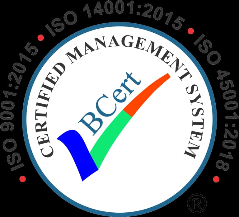 BCert certified management system badge listing ISO 9001:2015, ISO 14001:2015 and ISO 45001:2018