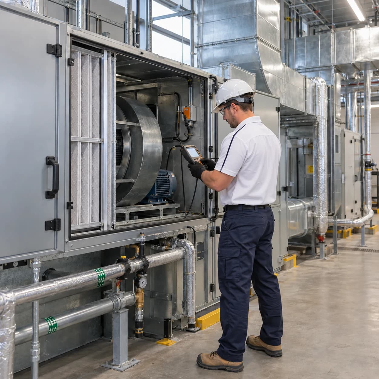 Commercial HVAC technician inspecting an open air-handling unit with diagnostic equipment