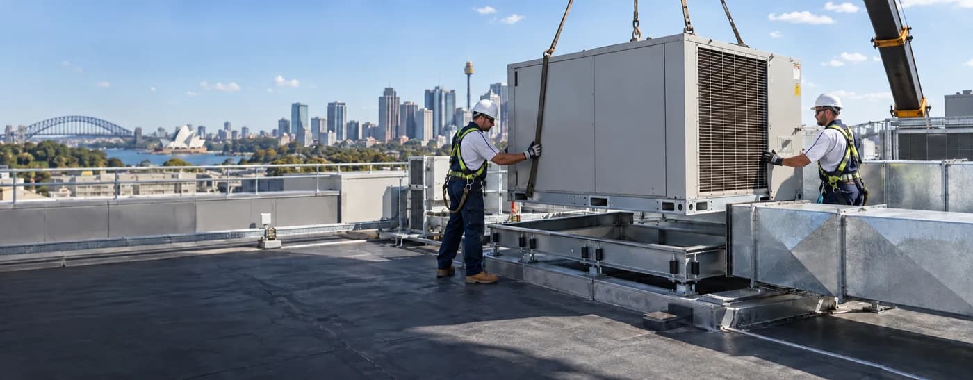 Technicians positioning replacement commercial HVAC equipment on a rooftop