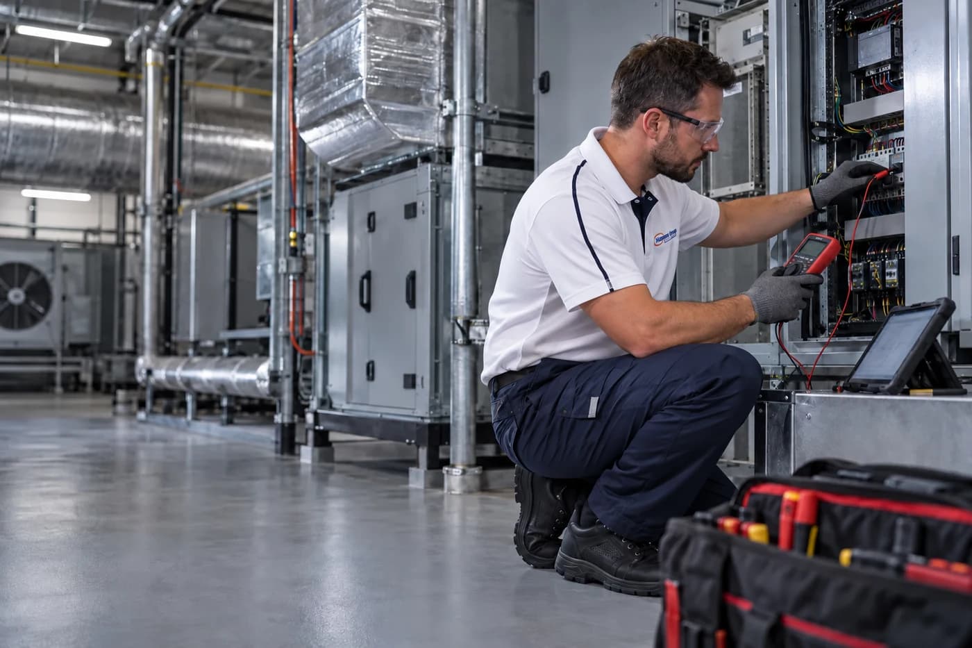 Technician diagnosing a fault in a commercial HVAC control cabinet