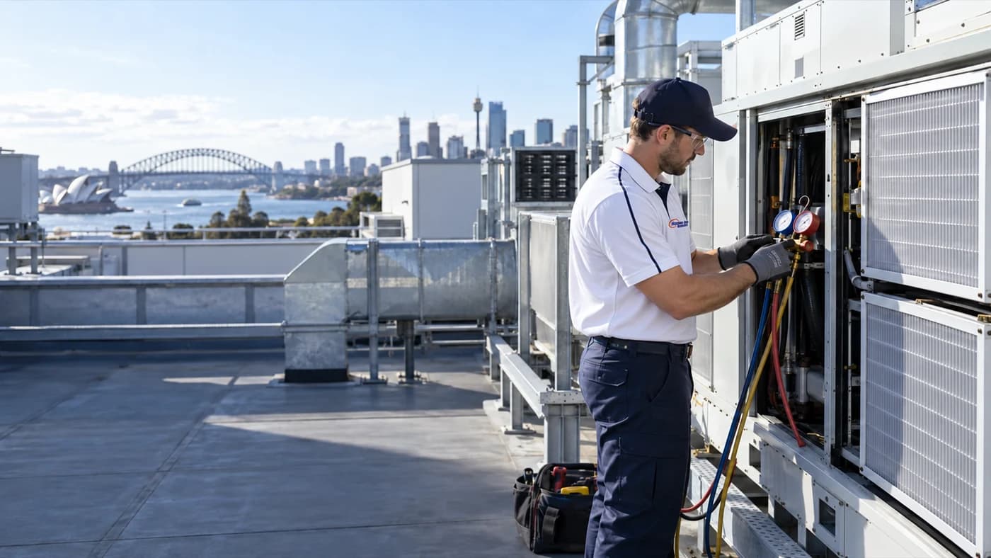Technician carrying out planned maintenance on rooftop HVAC equipment