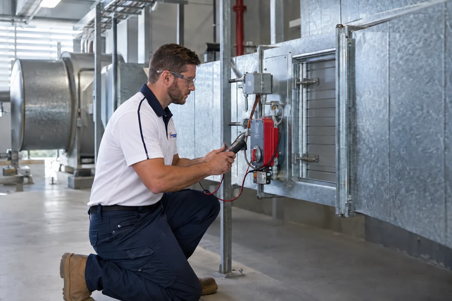 Technician inspecting mechanical fire and smoke-control equipment