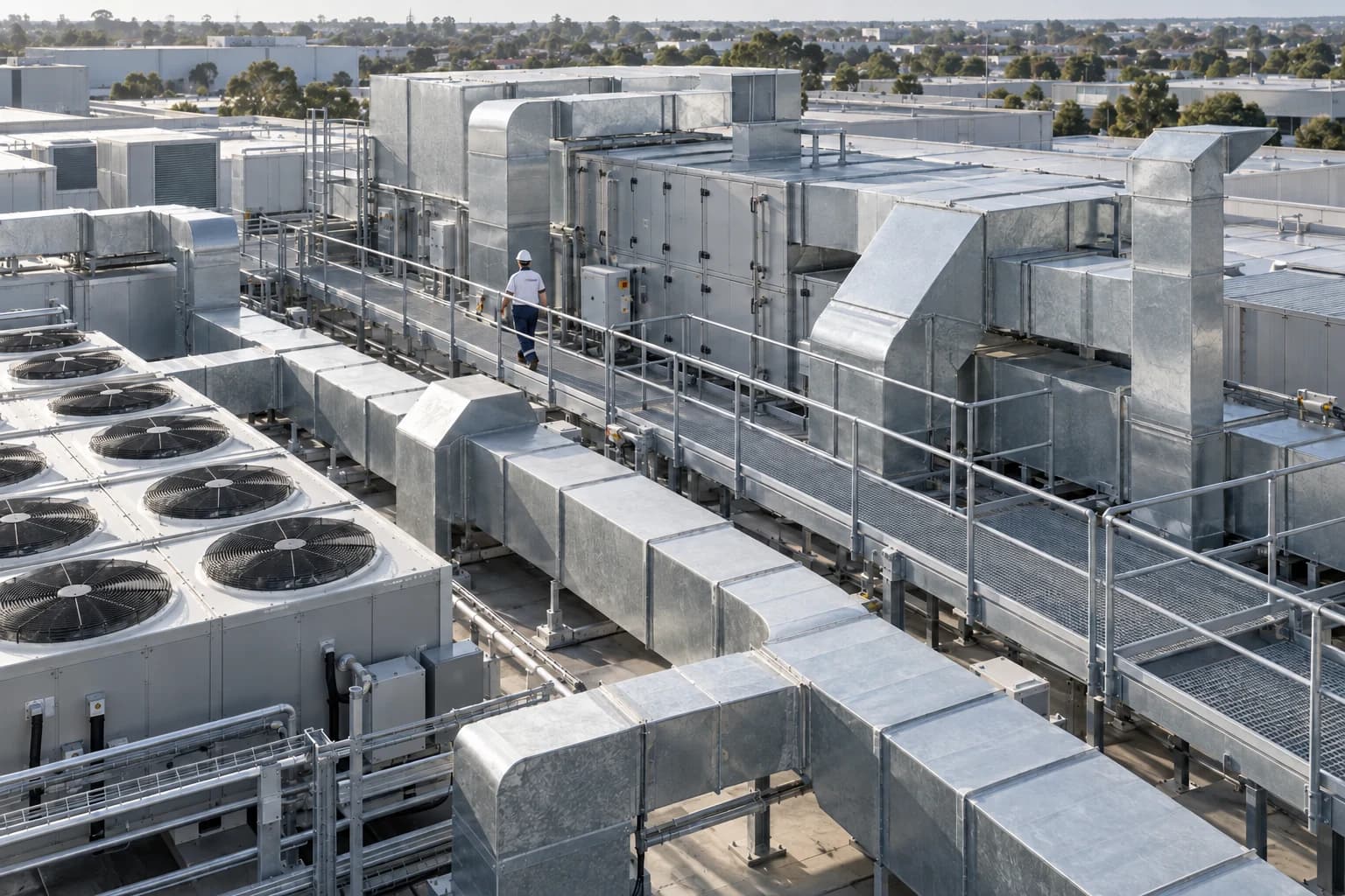 Elevated view of commercial rooftop air-handling units, condenser fans and ventilation ductwork